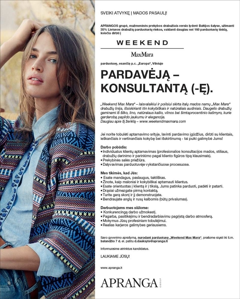 "Aprangos" grupė Pardavėjas (-a) Konsultantas (-ė) parduotuvėje Weekend Max Mara