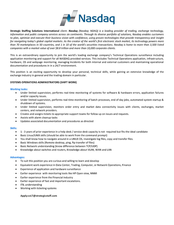 CV Market client Systems Operations Administrators (Shift work)