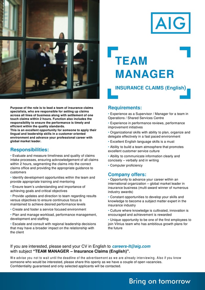 CV Market client TEAM MANAGER – INSURANCE CLAIMS (ENGLISH)