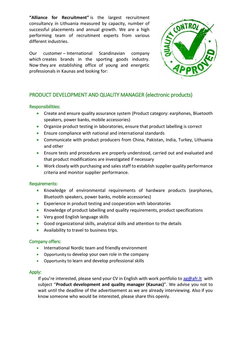 CV Market client Product Development and Quality Manager (electronic products)