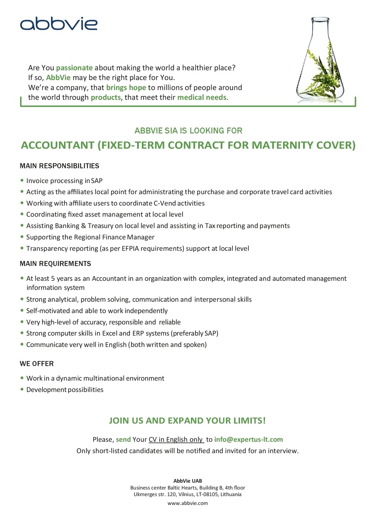 Expertus LT, UAB ACCOUNTANT (FIXED-TERM CONTRACT FOR MATERNITY COVER)