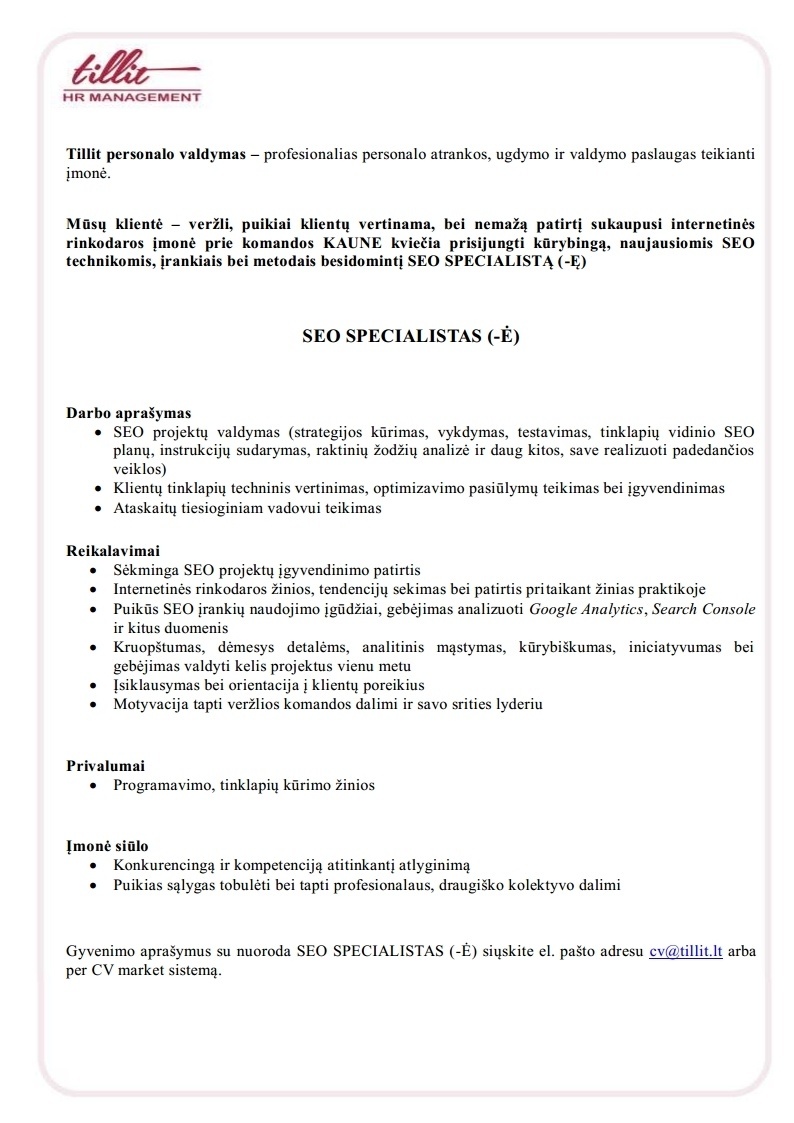 Tillit personalo valdymas, UAB SEO SPECIALISTAS (-Ė) 