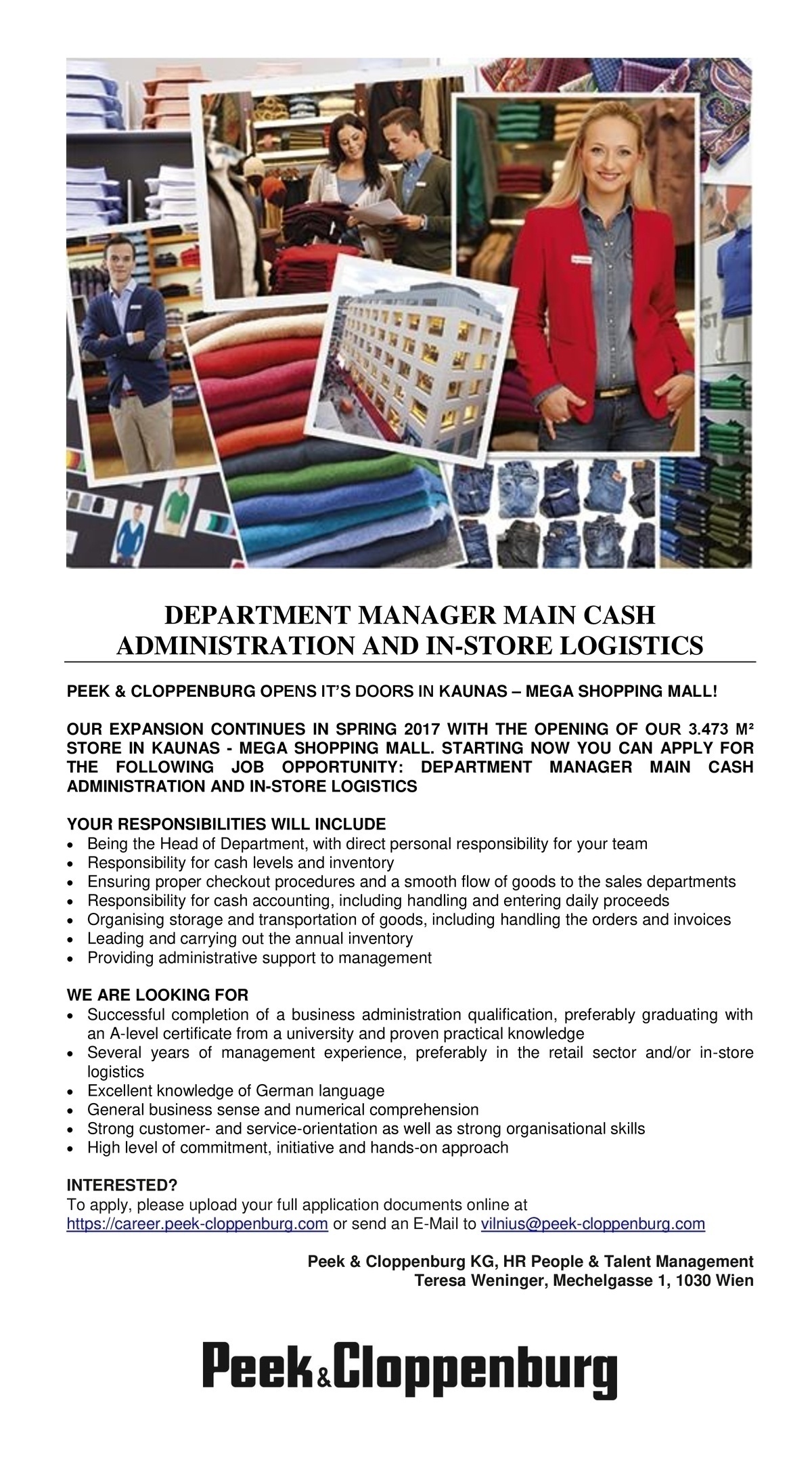 Peek&Cloppenburg DEPARTMENT MANAGER MAIN CASH ADMINISTRATION AND IN-STORE LOGISTICS
