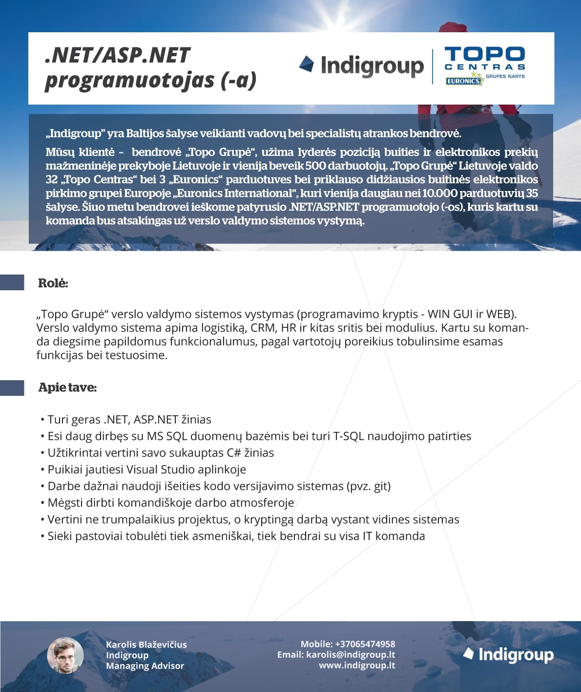 Indigroup, UAB .NET/ASP.NET programuotojas (-a)