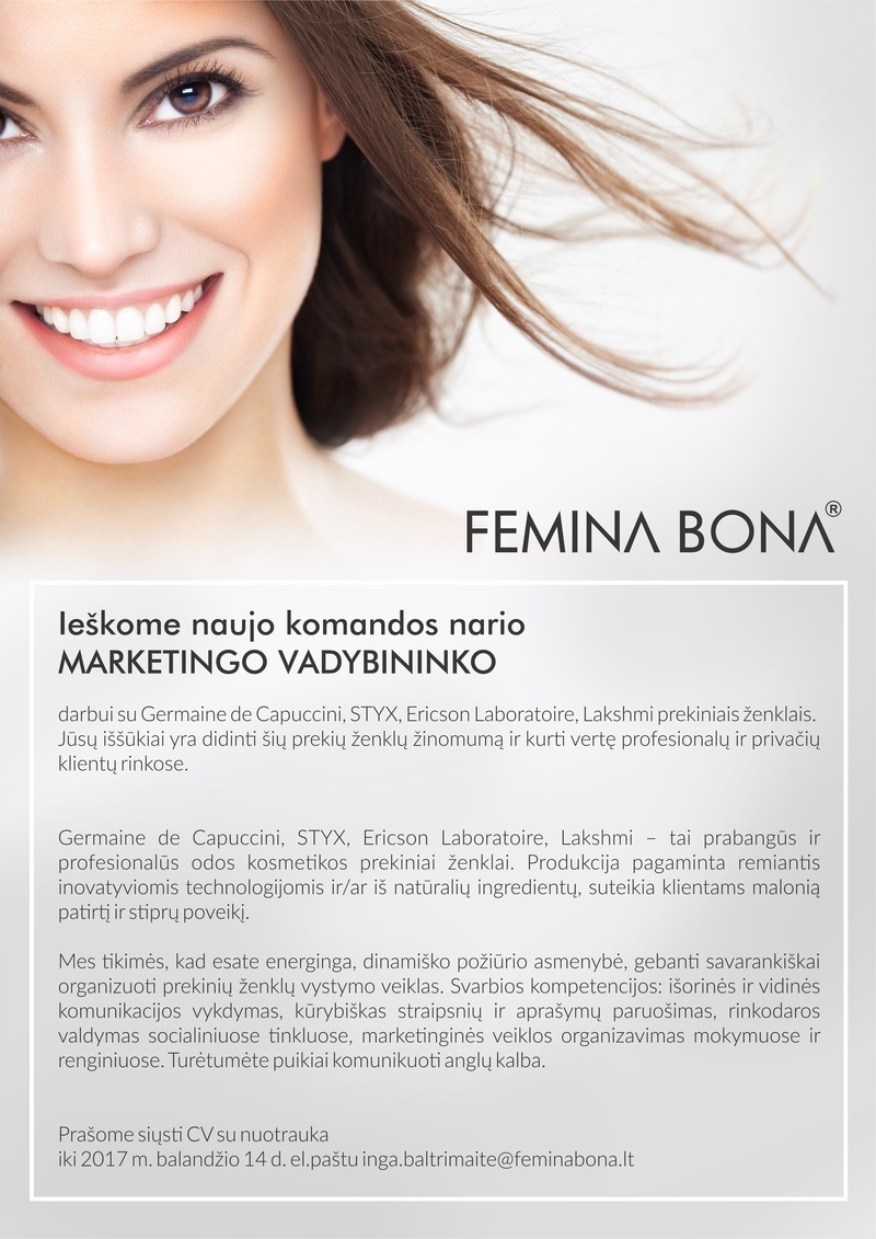 FEMINA BONA, UAB Marketingo vadybininkas