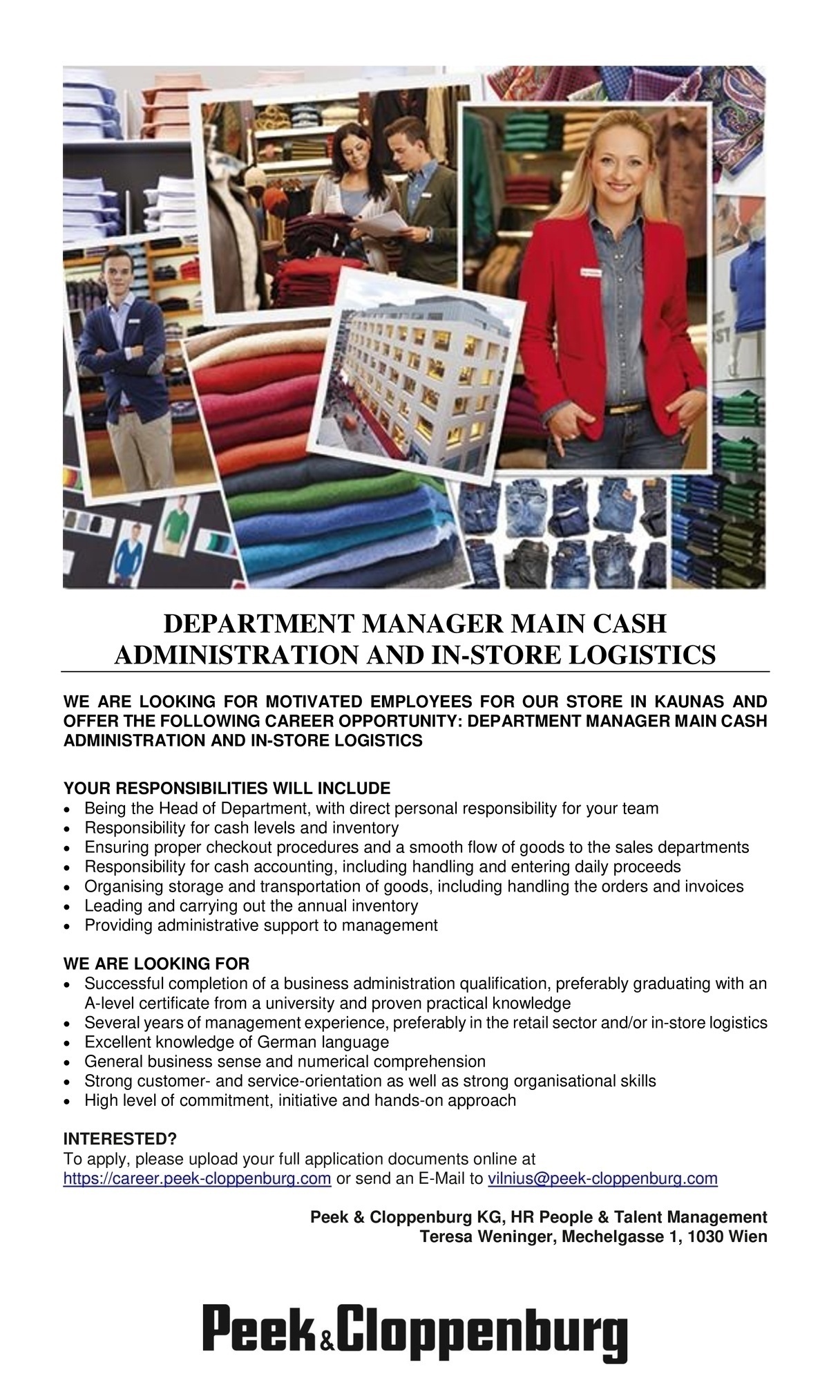Peek&Cloppenburg, UAB Department manager main cash administration and in-store logistics