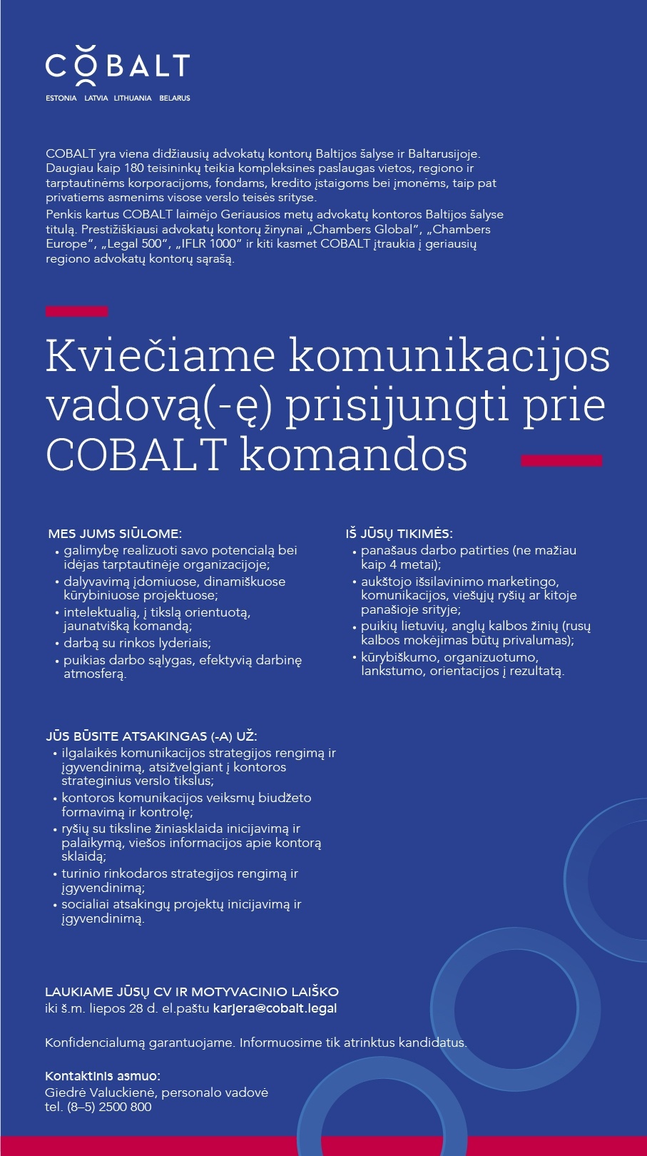 Advokato Irmanto Norkaus ir partnerių kontora „Cobalt“ Komunikacijos vadovas (-ė)