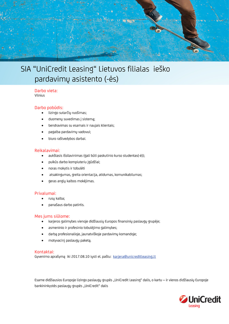 UniCredit Leasing Lietuvos filialas, SIA Pardavimų skyriaus asistentas