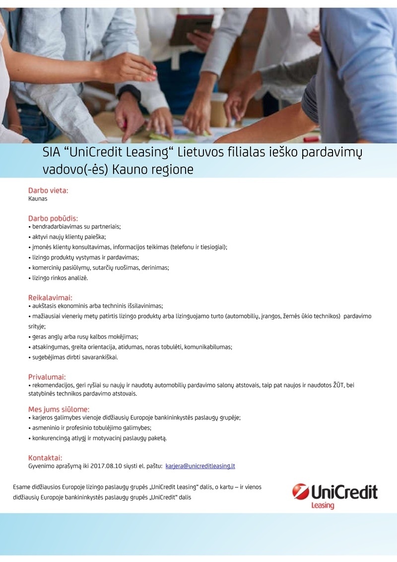UniCredit Leasing Lietuvos filialas, SIA Pardavimų vadovas