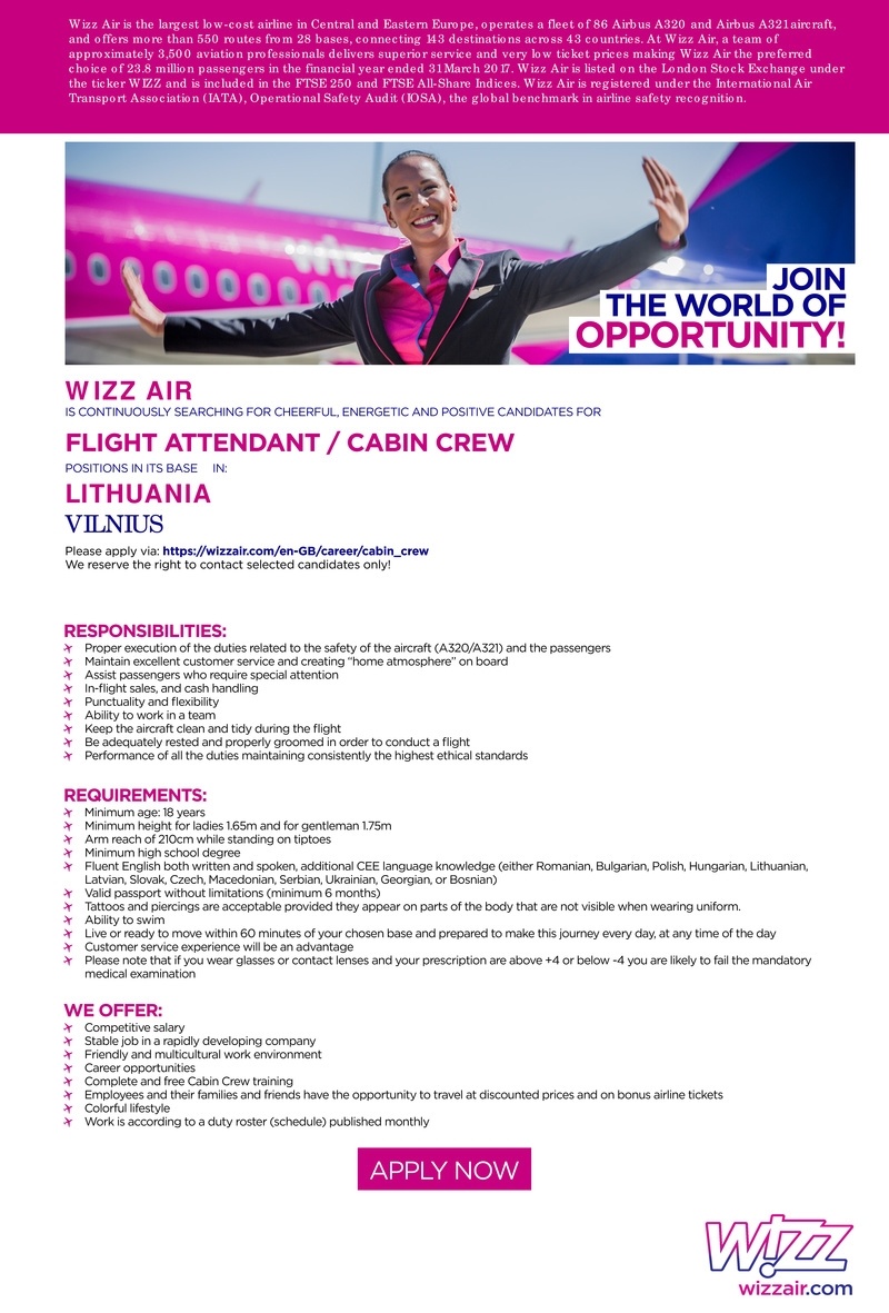 WIZZ AIR Flight Attendant / Cabin Crew Based in Lithuania, Vilnius