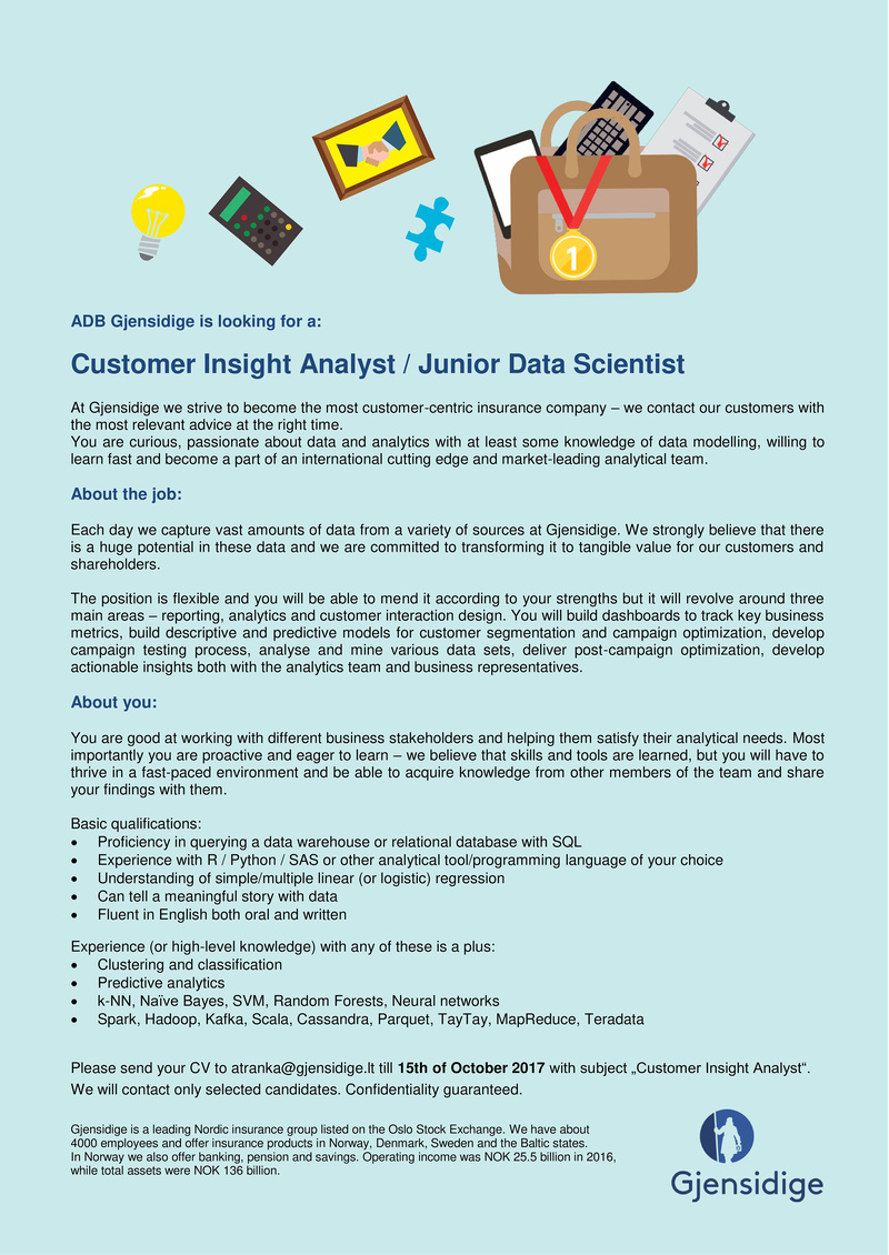 Gjensidige, ADB Customer Insight Analyst / Junior Data Scientist 