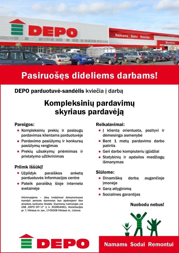 DEPO DIY LT, UAB Kompleksinių pardavimų skyriaus pardavėjai (-os) Gariūnų g.