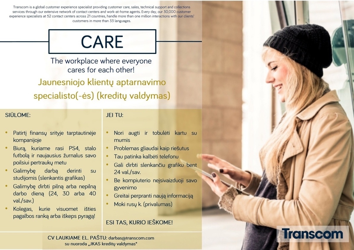 Transcom Worldwide Vilnius, UAB STARTUOK JAU GREITAI! (klientų aptarnavimas telefonu, darbas tinkamas studentams)