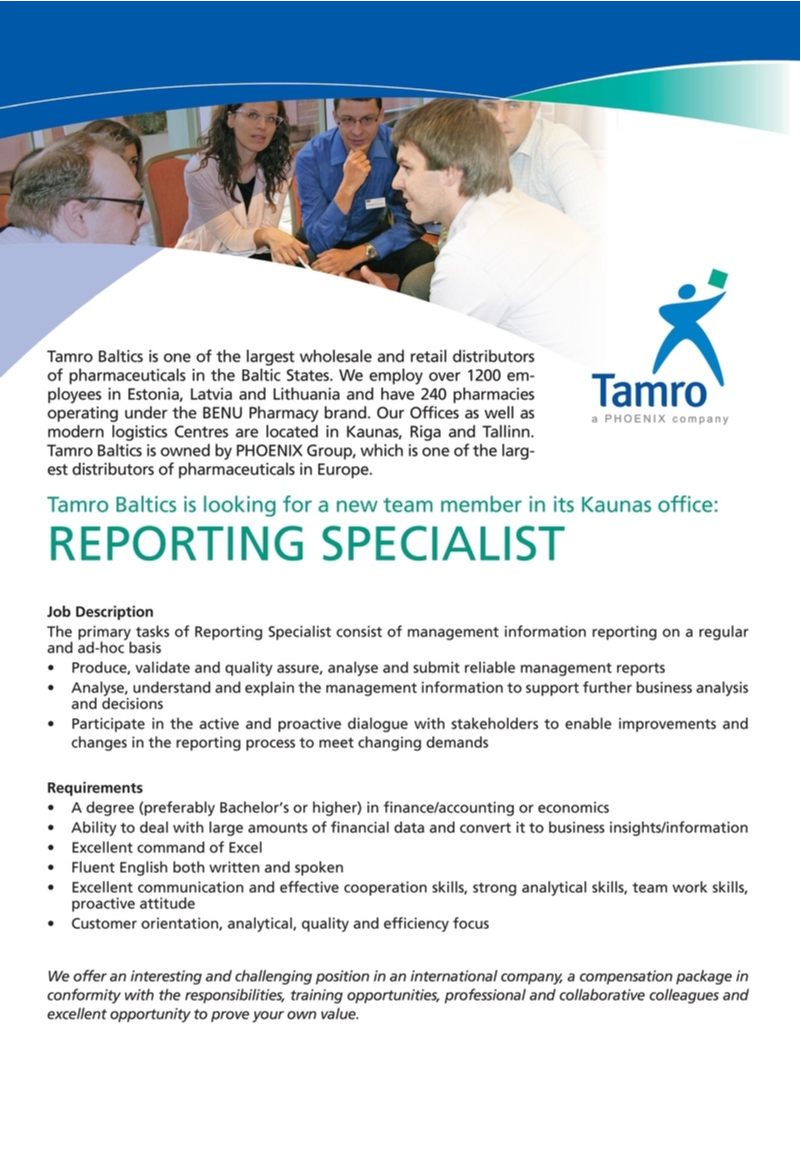 Tamro, UAB Reporting specialist