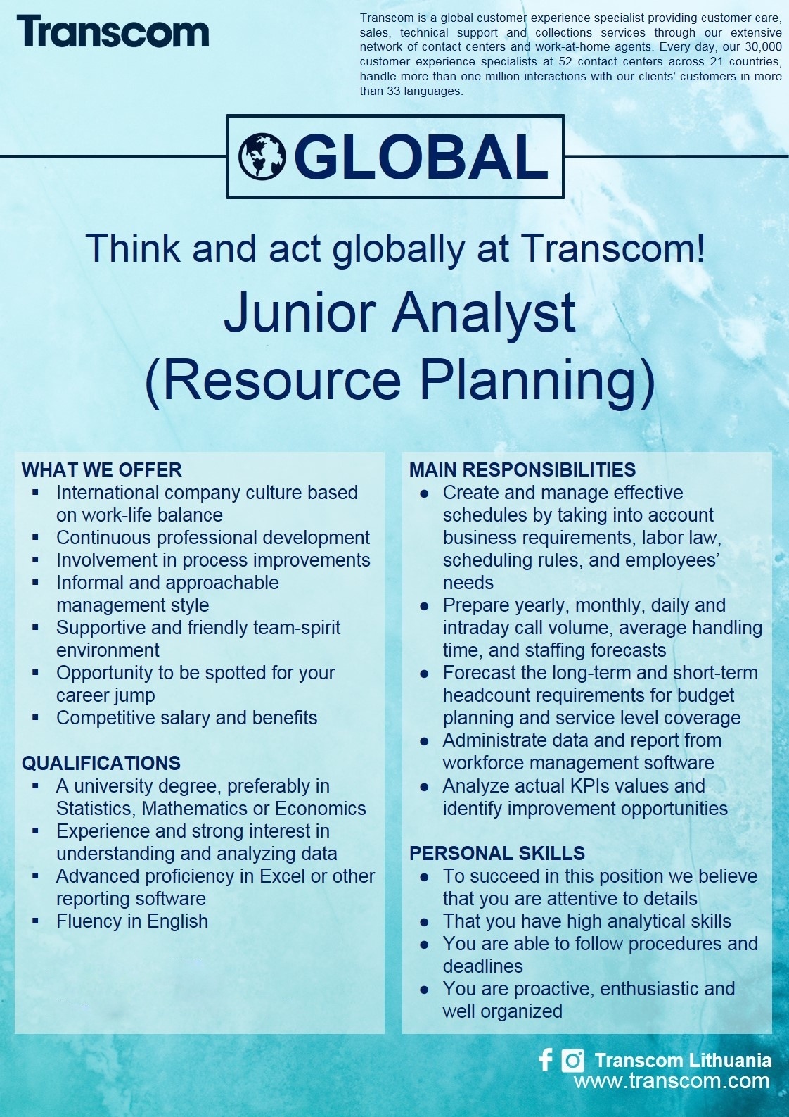 Transcom Worldwide Vilnius, UAB Junior Analyst (Resource Planning)