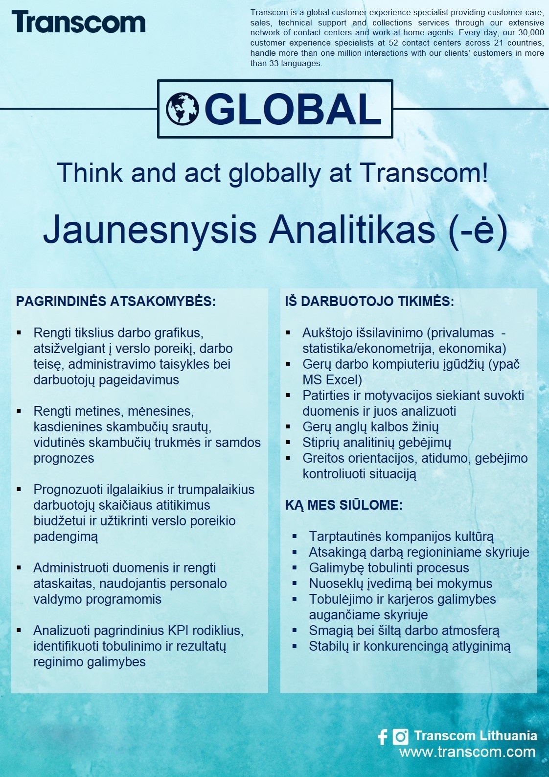 Transcom Worldwide Vilnius, UAB Jaunesnysis Analitikas (-ė)