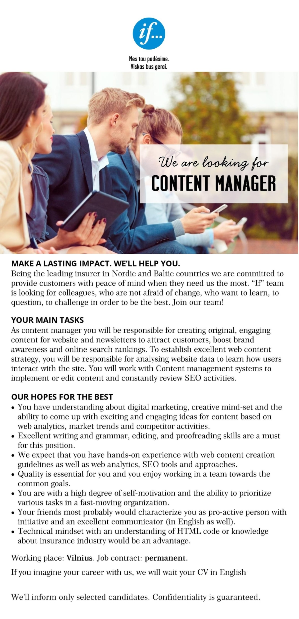 If P&C Insurance AS filialas Content Manager