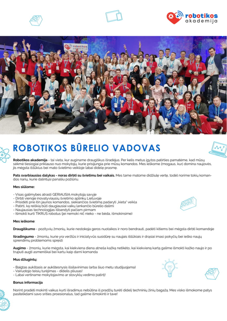 Alliance for Recruitment Robotikos būrelio vadovas