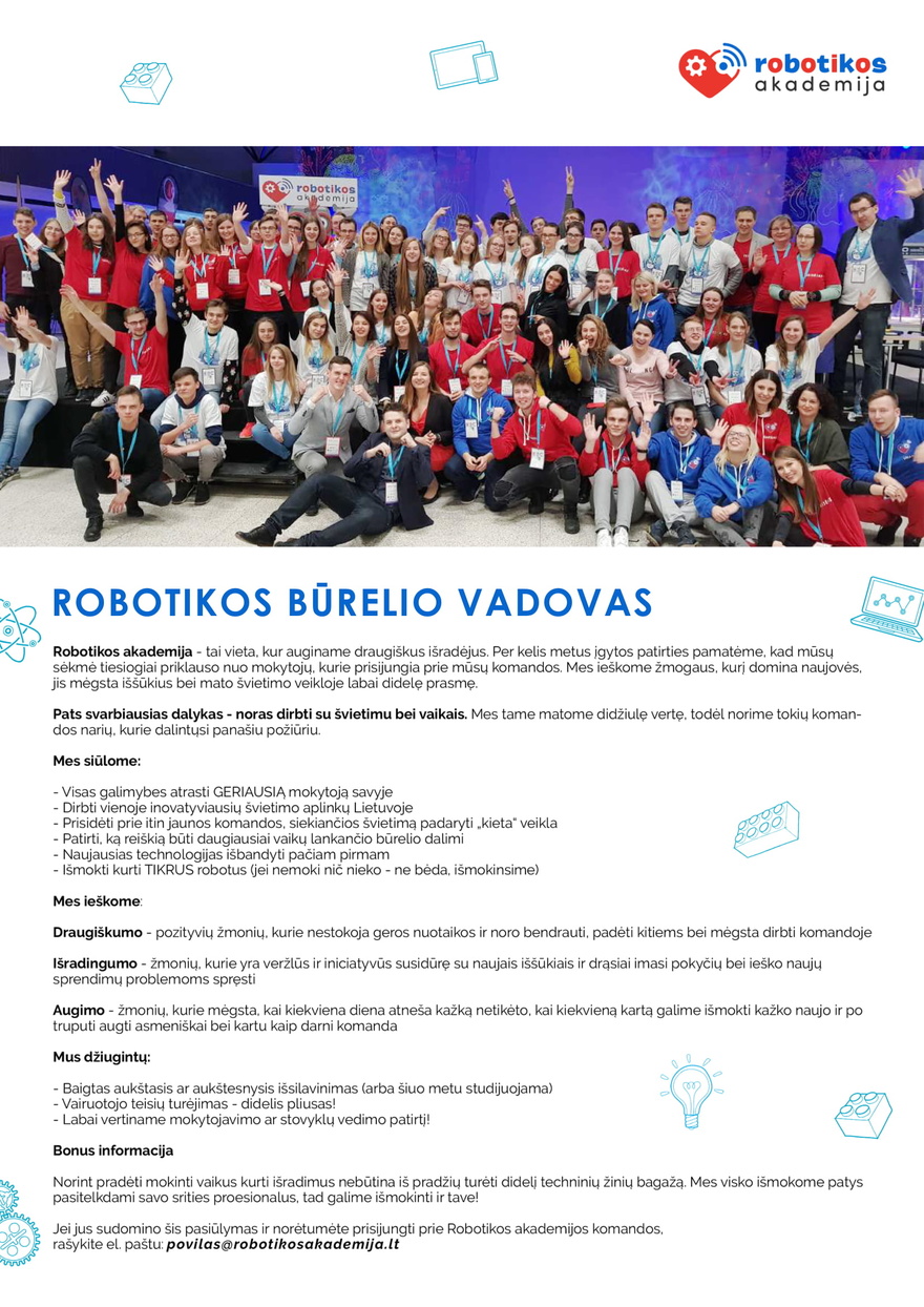Alliance for Recruitment Robotikos būrelio vadovas