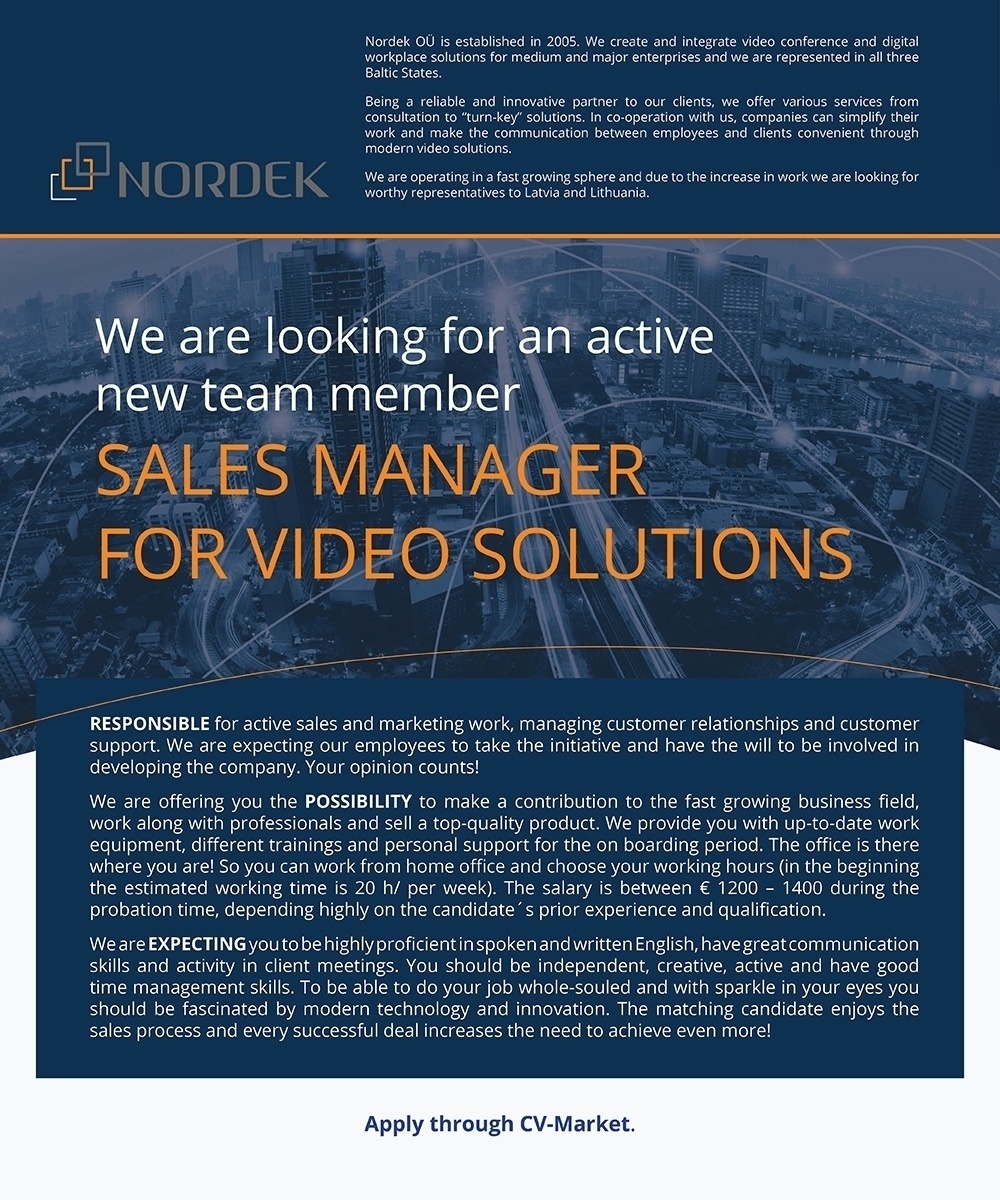 NORDEK OÜ Sales Manager for Video Solutions