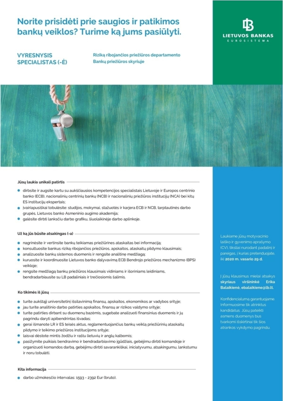 Lietuvos bankas VYRESNYSIS SPECIALISTAS (-Ė)