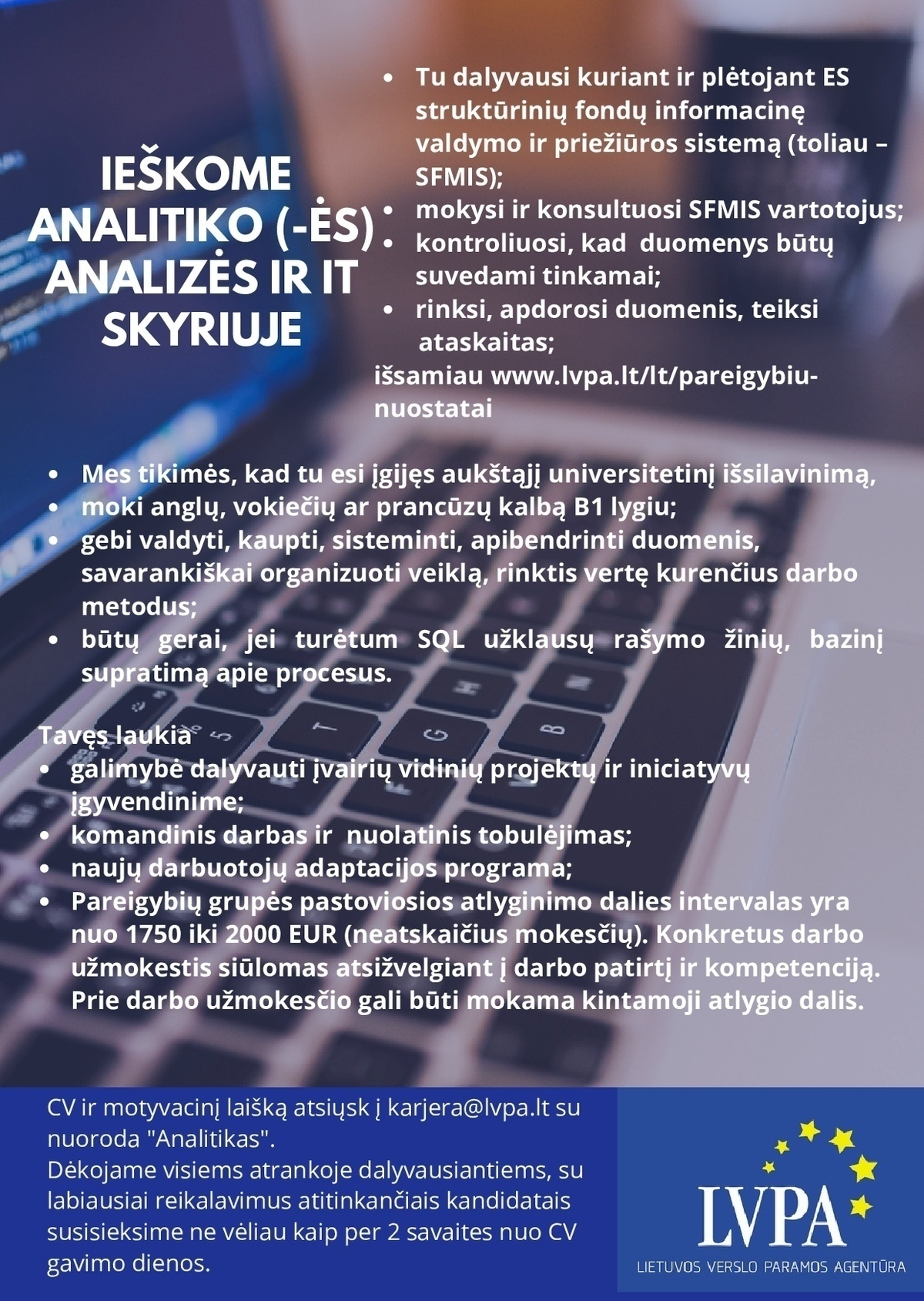 Lietuvos verslo paramos agentūra, VšĮ Analitikas (-ė) Analizės ir informacinių technologijų skyriuje