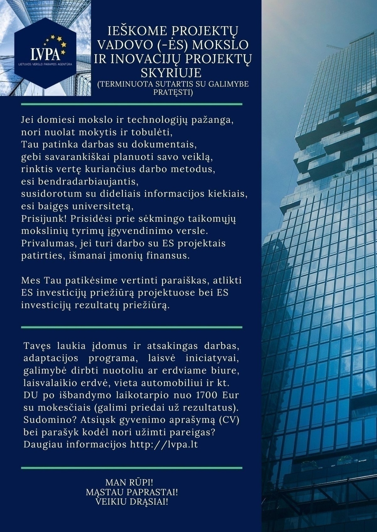 Lietuvos verslo paramos agentūra, VšĮ Projektų vadovas (-ė) Mokslo ir inovacijų projektų skyriuje (darbas pagal terminuotą darbo sutartį su galimybe pratęsti)