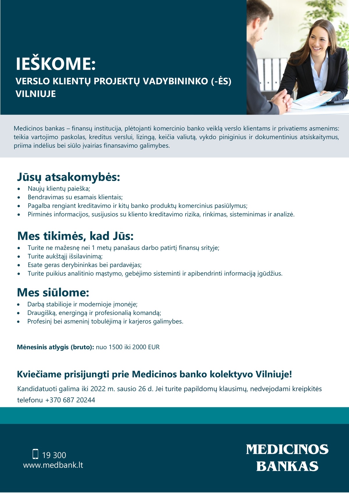 Medicinos bankas, UAB Verslo klientų projektų vadybininkas (-ė), Vilniuje