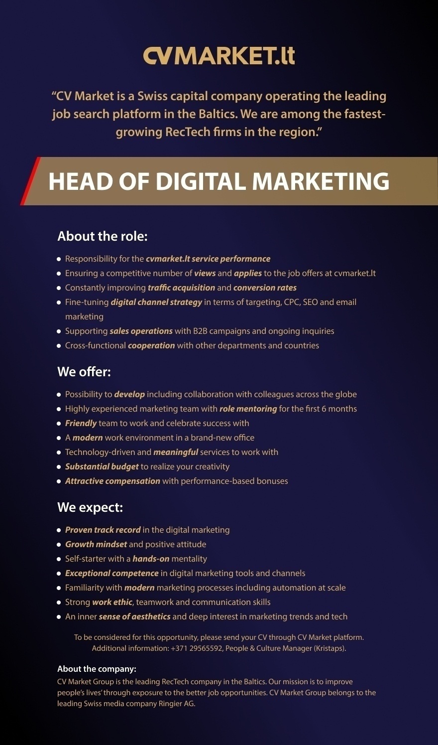 CV Market client Head of Digital Marketing / Digital Marketing Manager / Skaitmeninės rinkodaros vadovas (-ė)