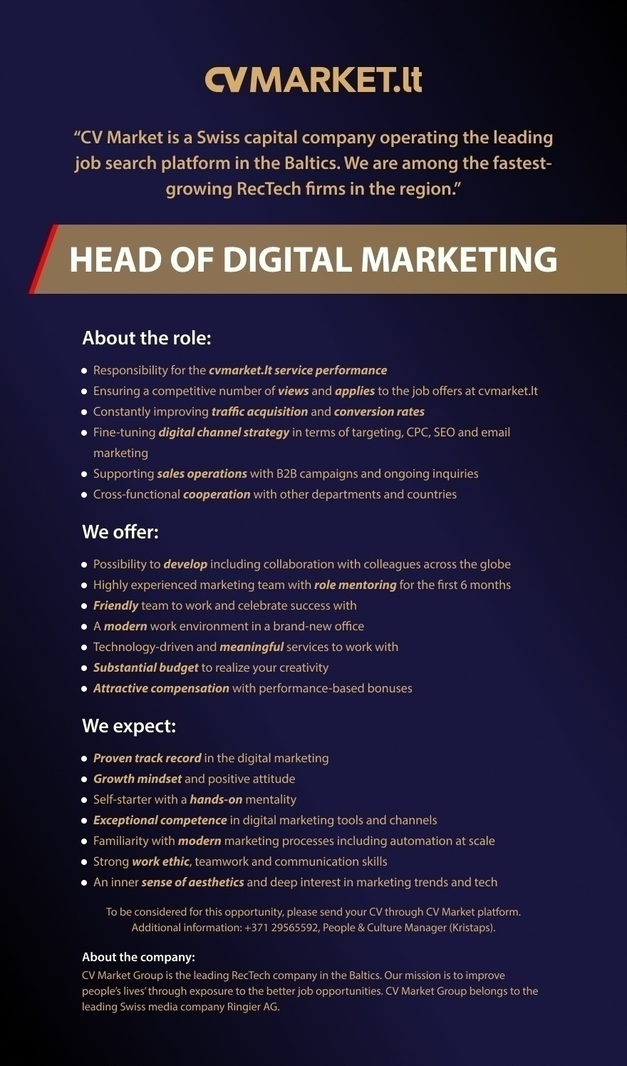 CV Market klientas Digital Marketing Manager / Skaitmeninės rinkodaros vadovas (-ė)