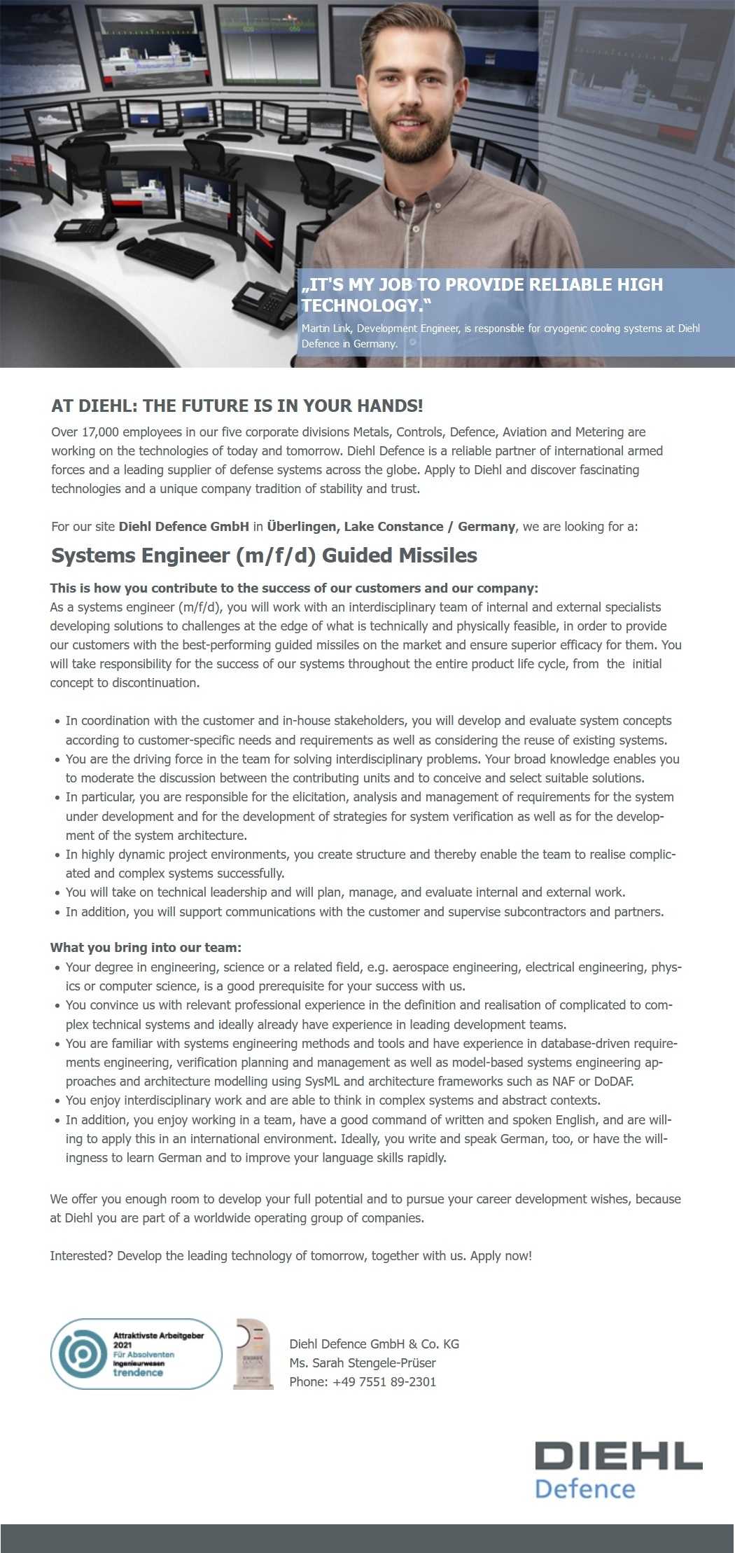 Diehl Defence GmbH & Co. KG Systems Engineer (m/w/d) Guided Missiles