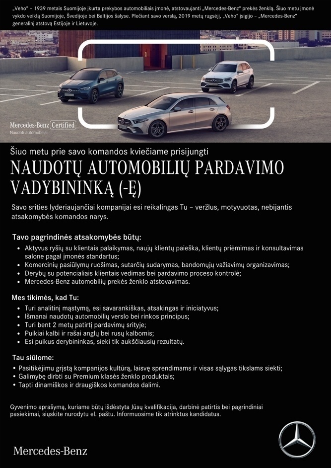 Veho Lietuva, UAB NAUDOTŲ AUTOMOBILIŲ PARDAVIMO VADYBININKAS (-Ė)
