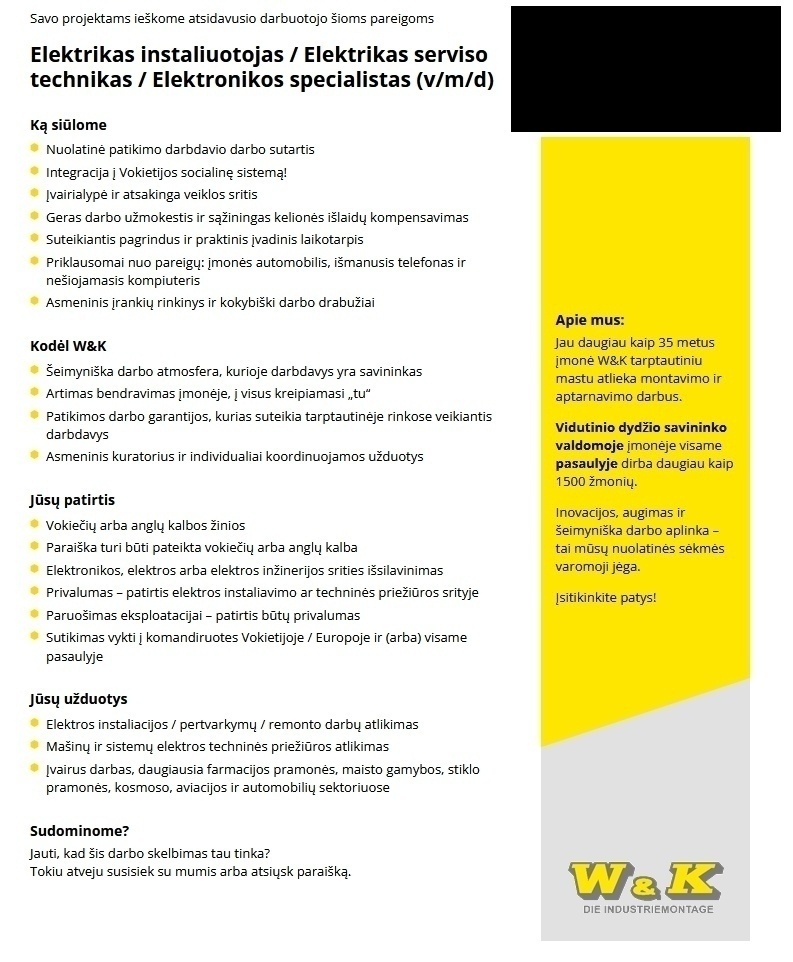 W & K Gesellschaft für Industrietechnik mbH Elektrikas instaliuotojas / Elektrikas serviso technikas / Elektronikos specialistas (v/m/d)
