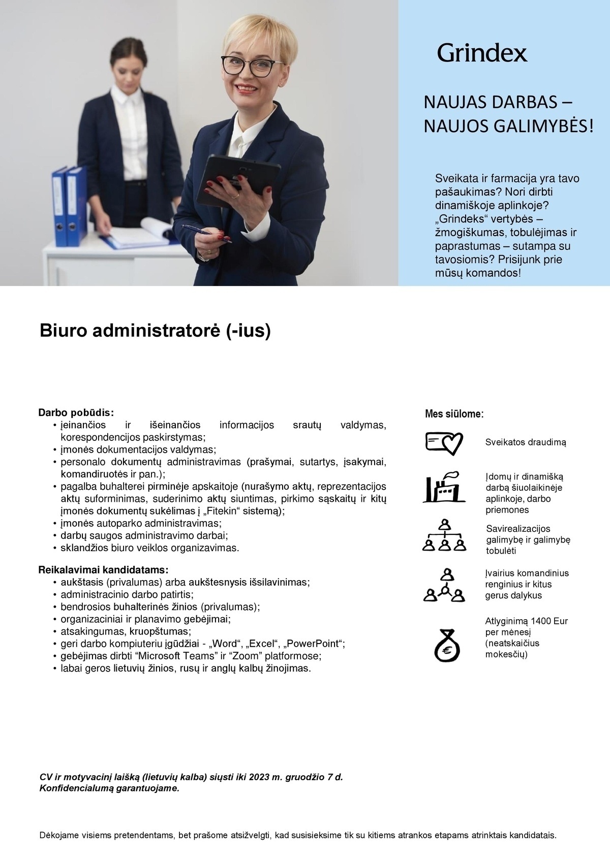 AB GRINDEKS filialas Biuro administratorė (-ius)
