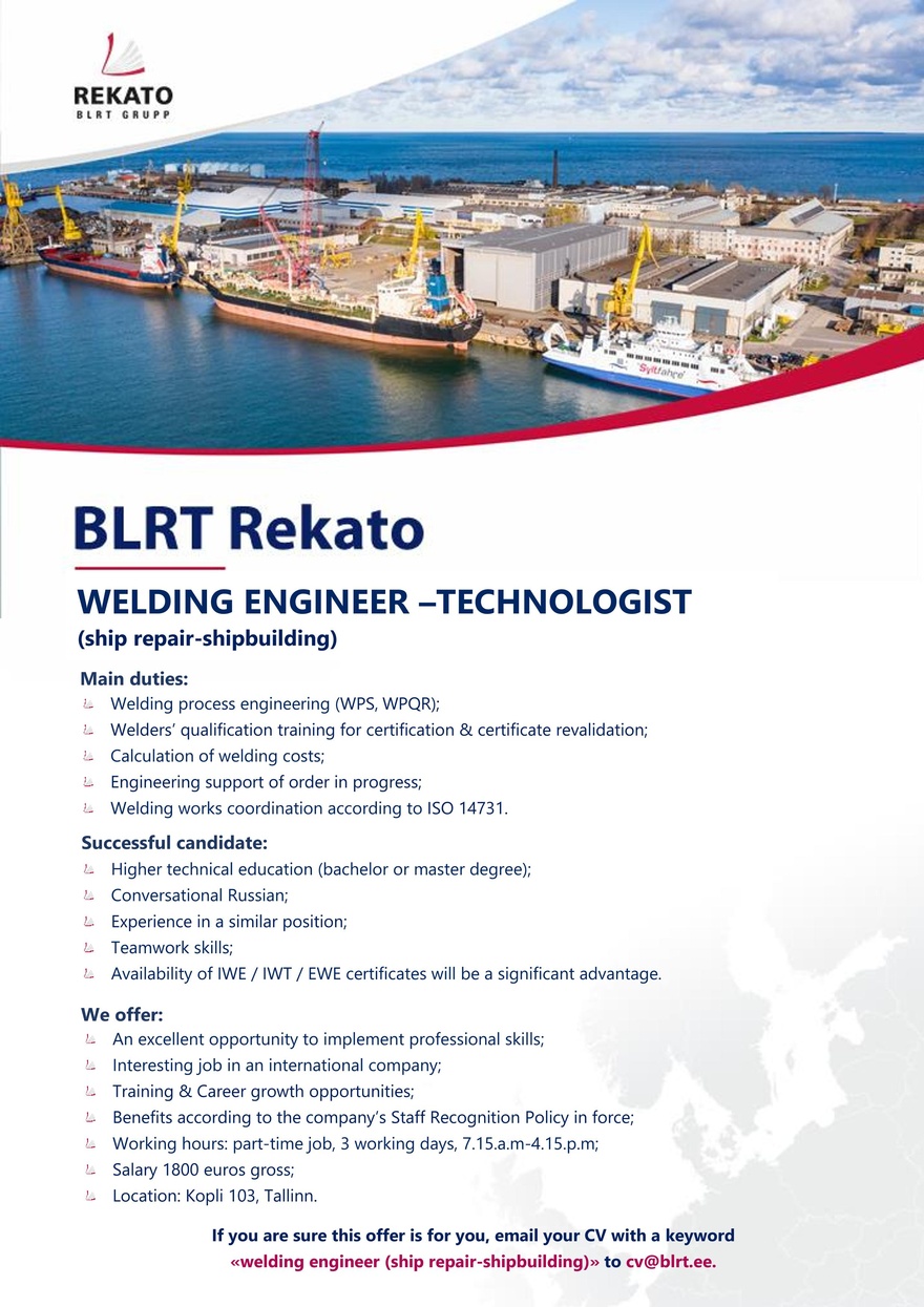 BLRT Rekato OÜ WELDING ENGINEER – TECHNOLOGIST