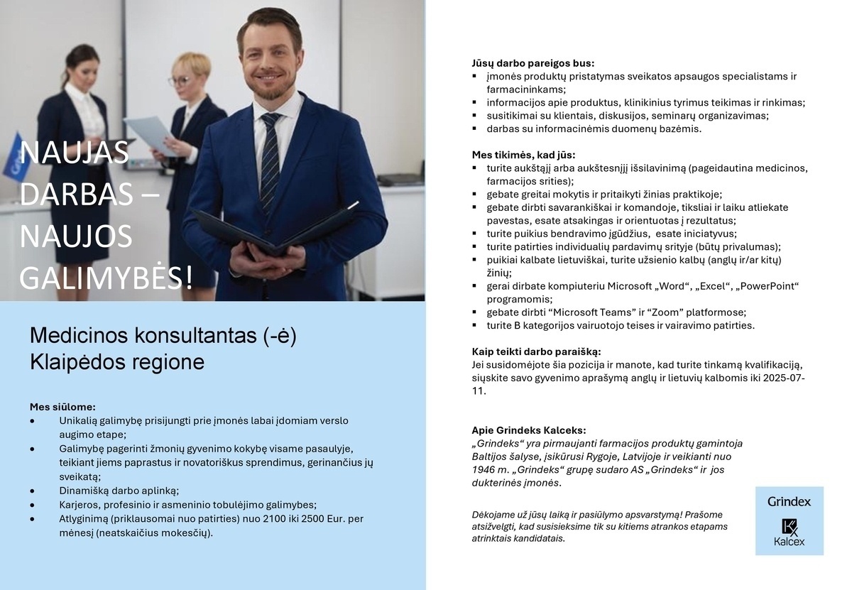 Grindeks Kalceks Lietuva, UAB Medicinos konsultantas (-ė) (med. produkcija)