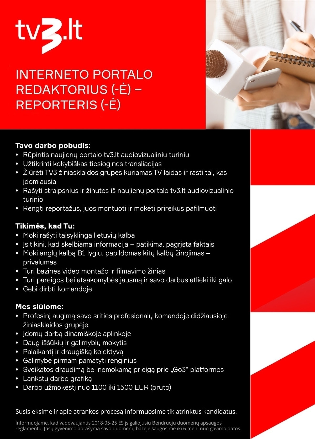 All Media Lithuania, UAB INTERNETO PORTALO REDAKTORIUS (-Ė) - REPORTERIS (-Ė)