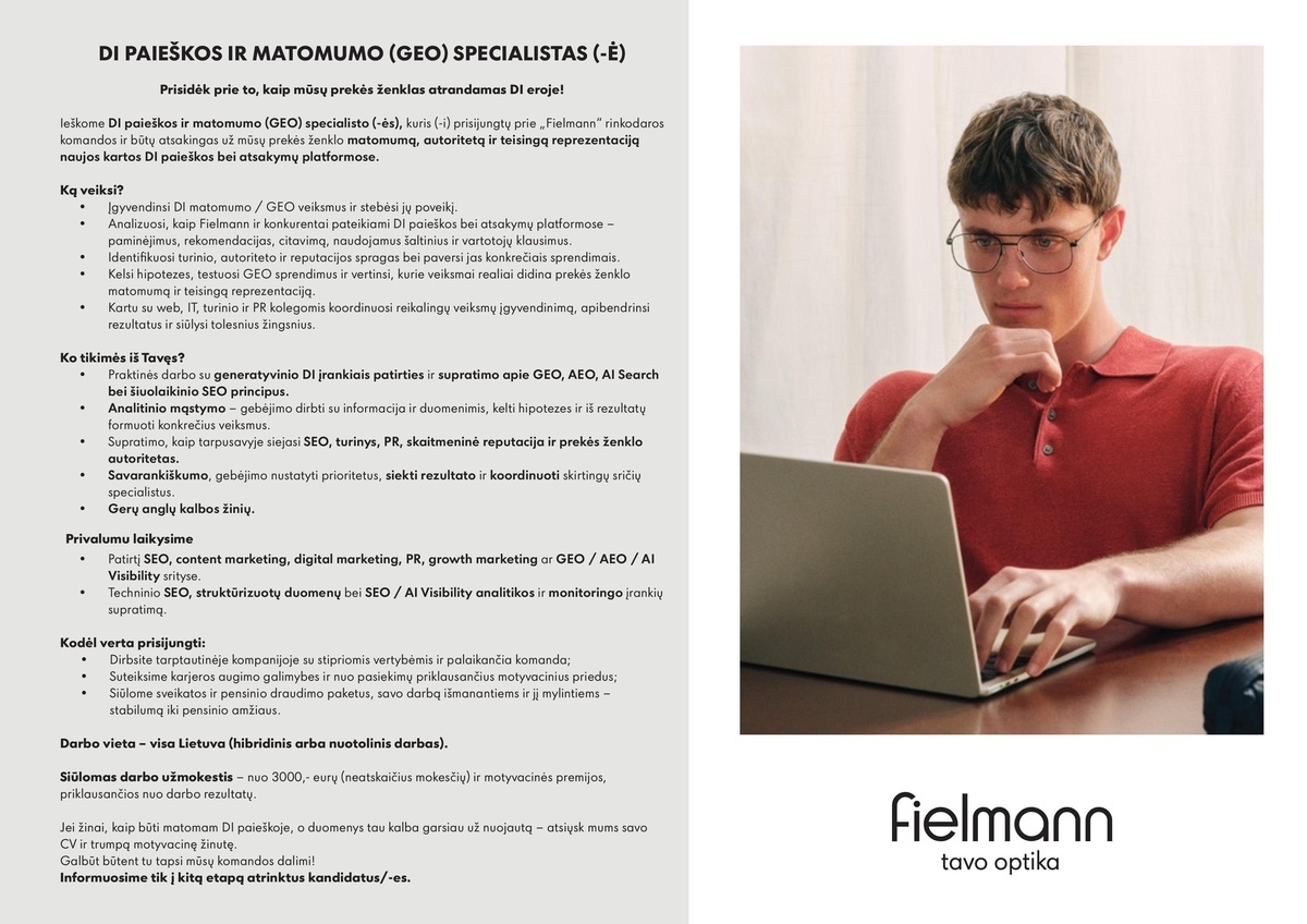 Baltoptik, UAB (FIELMANN optikos salonai) DI PAIEŠKOS IR MATOMUMO (GEO) SPECIALISTAS (-Ė)